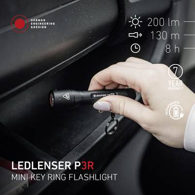 A hand holds an LED torch 'LEDLENSER P3R'. Brightness 200 lumens, range 130 m, runtime 8 hours, 7-year warranty, rechargeable.