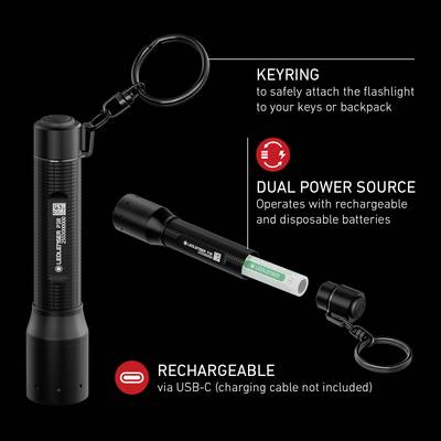 Torch with keyring, dual power source (rechargeable battery/battery), USB-C rechargeable. Text: Keyring, Dual Power Source, Rechargeable.
