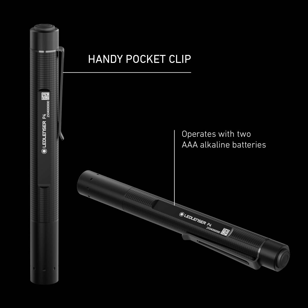 Black torch pen with clip, powered by two AAA batteries. Text: 'Handy clip'.