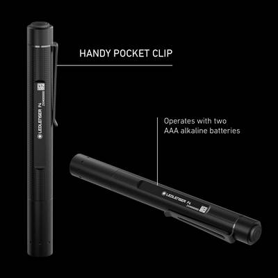 Black torch pen with clip, powered by two AAA batteries. Text: 'Handy clip'.