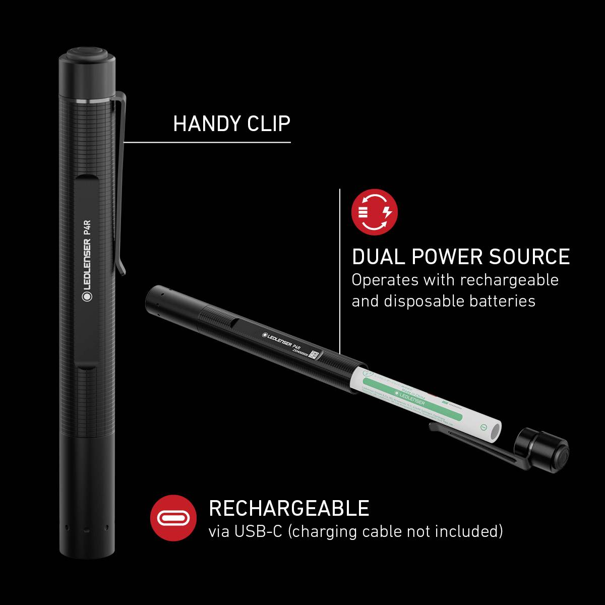 Presented is a rechargeable LED pen torch with a practical clip, which can be operated using either a rechargeable battery or standard batteries.