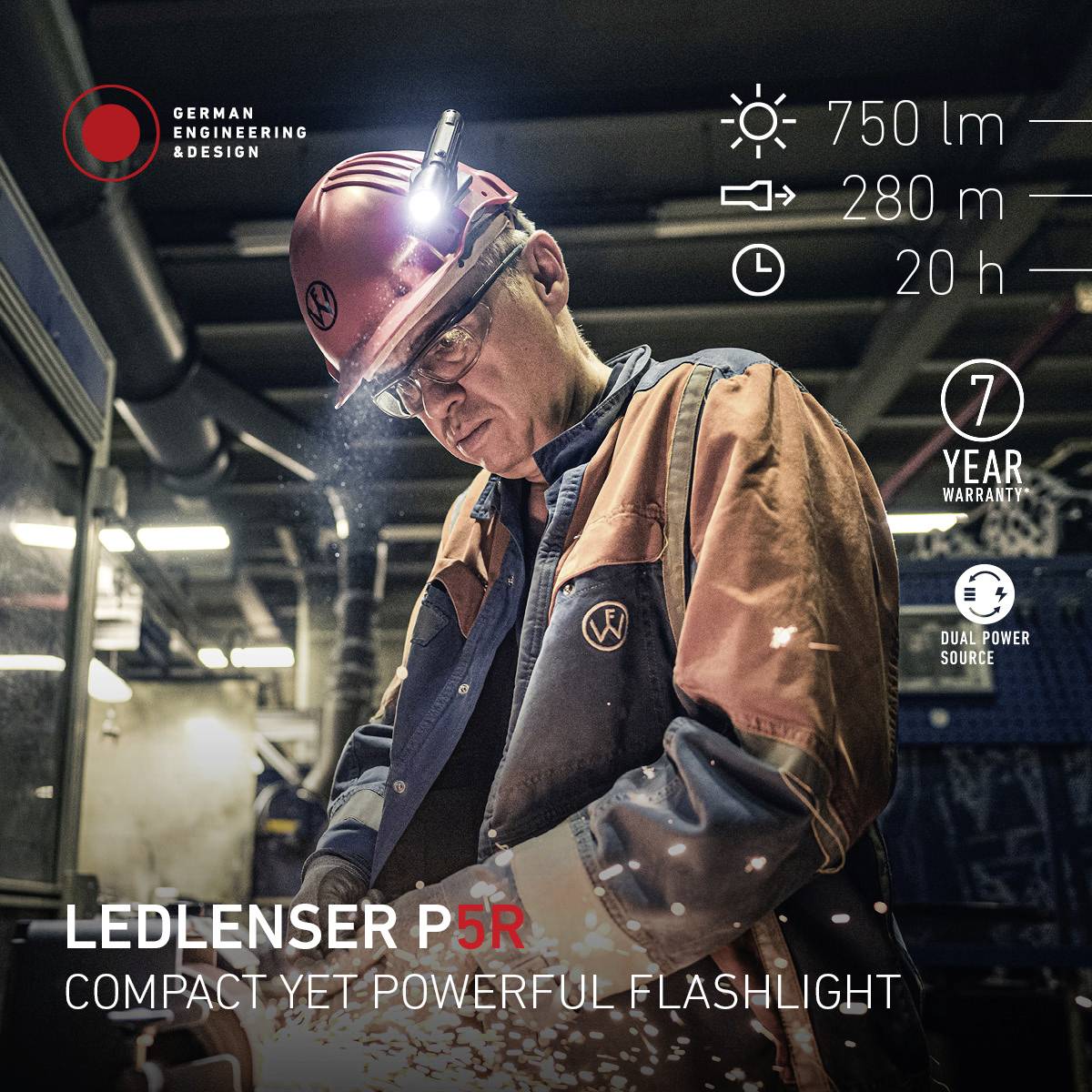 A worker in protective clothing holds a lamp. Text: 'LEDLENSER P5R - Compact high-performance torch.' Symbols show technical specifications.