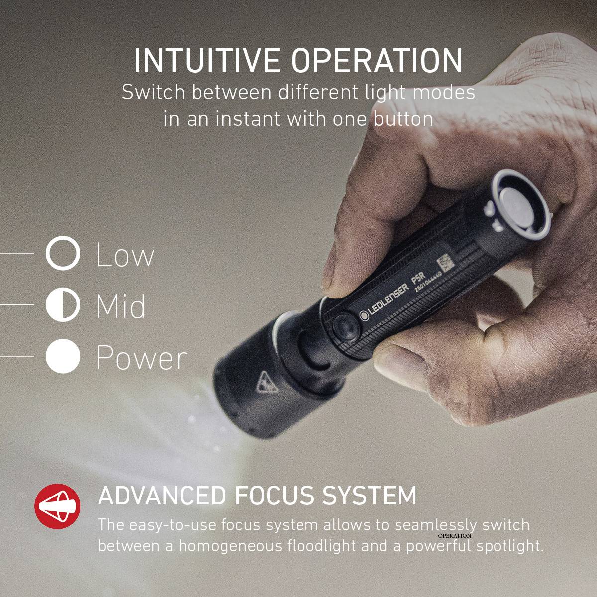 Hand holding a torch with three light modes: Low, Mid, Power. Text: Intuitive operation and Advanced Focus System explained.