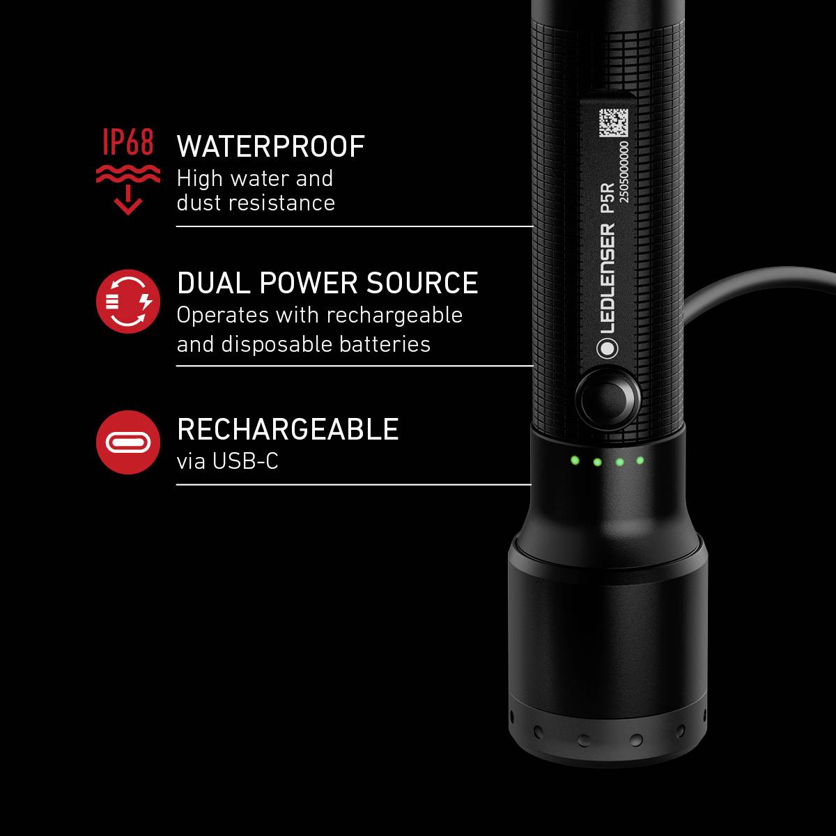 A black torch with LED display features 'Dual Power Source', 'IP68 protection' and is 'rechargeable'.