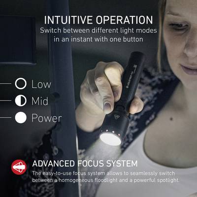 Intuitive operation of a torch with three brightness levels: Low, Mid, Power. Switches with a button press.