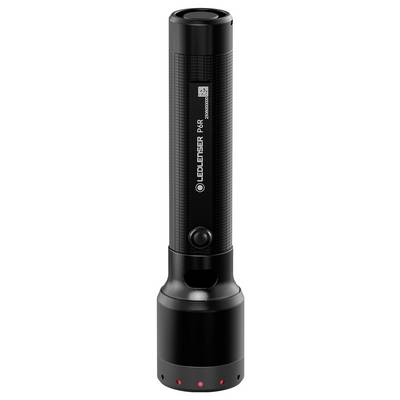 A black LED flashlight standing upright with a cylindrical body, textured grip, and a row of small red lights at the base.