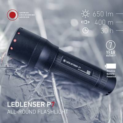 LED Torch Ledlenser P7, black, with 650 lumens, range 300 m, 7-hour runtime, 7-year guarantee, battery-operated.