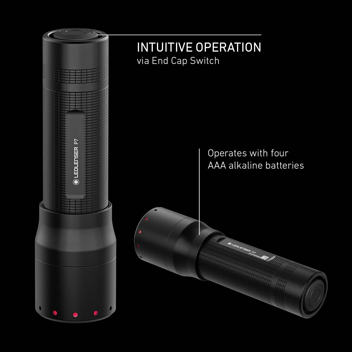 Two black LED torches, one standing, one lying down. Text: 'Intuitive operation via end cap switch' and 'Powered by four AAA batteries'.