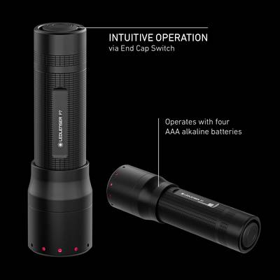 Two black LED torches, one standing, one lying down. Text: 'Intuitive operation via end cap switch' and 'Powered by four AAA batteries'.