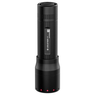 A black flashlight stands vertically, featuring a textured grip and a visible brand logo. The bottom end has five small red lights.