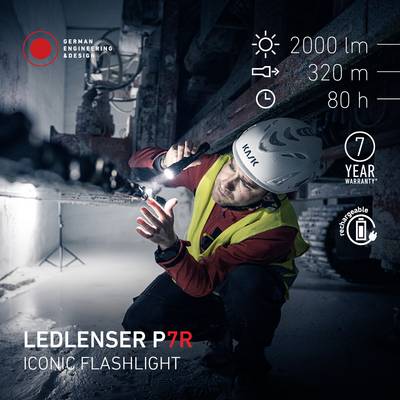 Worker with a hard hat checking an LED torch in a dark, industrial environment. Text: 'LEDLENSER P7R Iconic Torch'. Symbols show light performance and warranty.