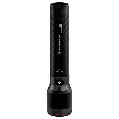A black LED flashlight with a textured grip, featuring a power button in the center and red light indications on the base.