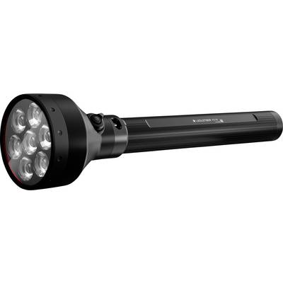 A black flashlight with multiple LED bulbs, featuring a textured grip and side button for activation.