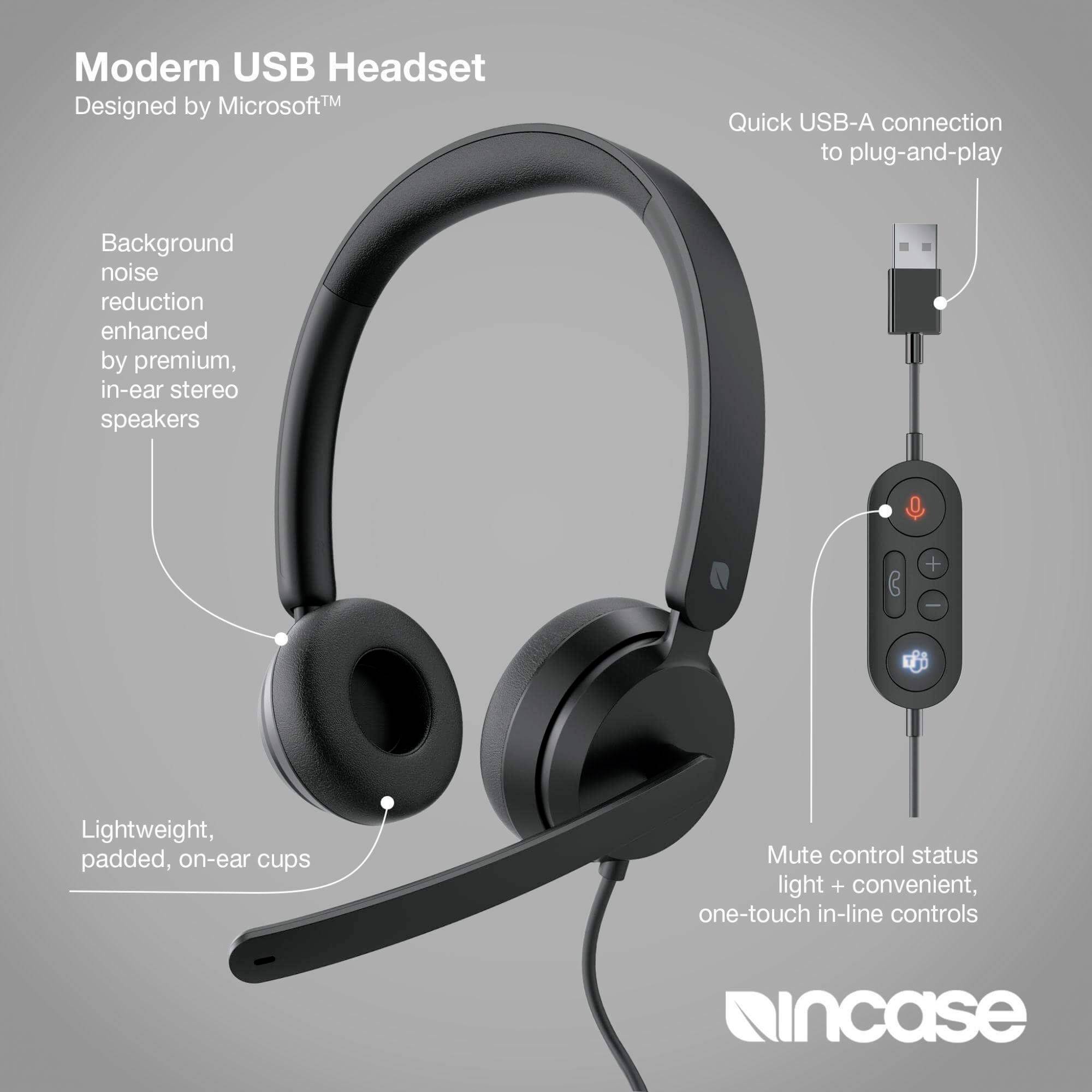 Incase Modern USB Headset On-ear headset Corded (1075100) Black Microphone noise cancelling Headset, Volume control, Mic-5