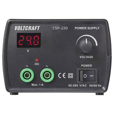 A black power supply unit displaying '29.8 V' on LED, with a voltage adjustment knob and green output terminals labeled 'Max. 1 A'.
