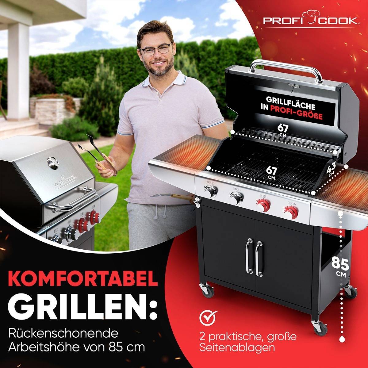 Profi Cook PC-GG 1311 Gas Gas grill 4 burners, Thermometer in lid Black, Stainless steel-4