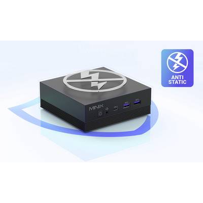 A black electronic device with multiple ports, featuring an anti-static logo on top. The background shows a blue gradient.