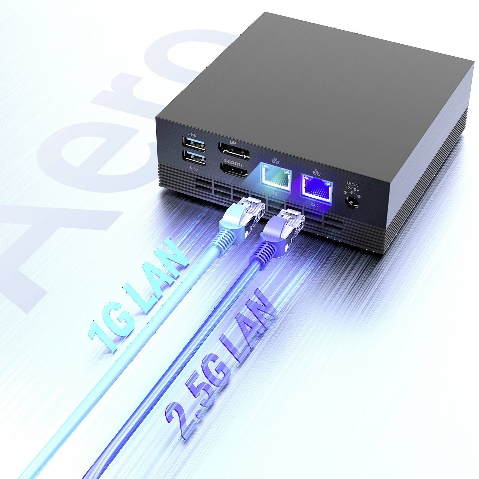 A compact computer device with ports. Two connected LAN cables labeled '1G LAN' and '2.5G LAN' illustrate speed options.