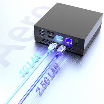 A compact computer device with ports. Two connected LAN cables labeled '1G LAN' and '2.5G LAN' illustrate speed options.