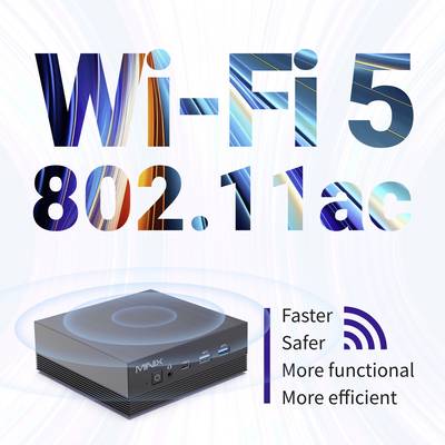 A sleek black MINIX device with text 'Wi-Fi 5 802.11ac', highlighting features: faster, safer, more functional, and more efficient.