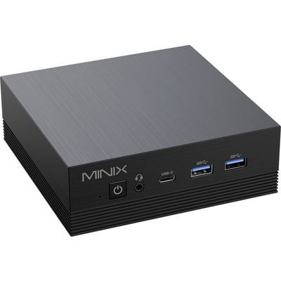 A compact black Minix computer with a textured surface, featuring a power button, headphone jack, USB-C, and two USB-A ports on the front.