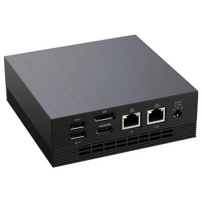 A black electronic device with multiple ports including USB, HDMI, DisplayPort, and two Ethernet ports (1G and 2.5G).