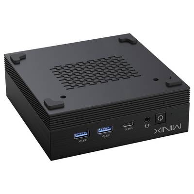 A black rectangular mini PC with USB and HDMI ports on the front. The brand name 'MINIX' is visible.