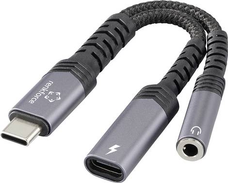 Renkforce USB-C®, Audio/phono Adapter cable [1x USB-C® plug - 1x Audio, stereo (3.5 mm jack), USB-C® socket (Power Delivery)] USB-C® Audio+Charge Adapter 7.50 cm Flexible