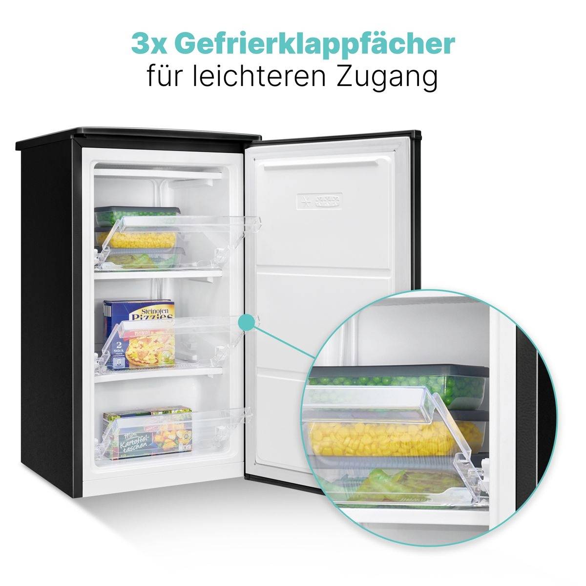 '3x Gefrierklappfächer für leichteren Zugang' means '3 foldable freezer compartments for easier access.' Image shows an open fridge with highlighted compartments.