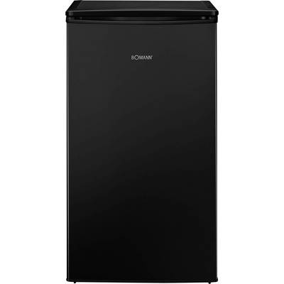 A black Bomann refrigerator with a minimalist design and a smooth matte finish stands against a neutral background.