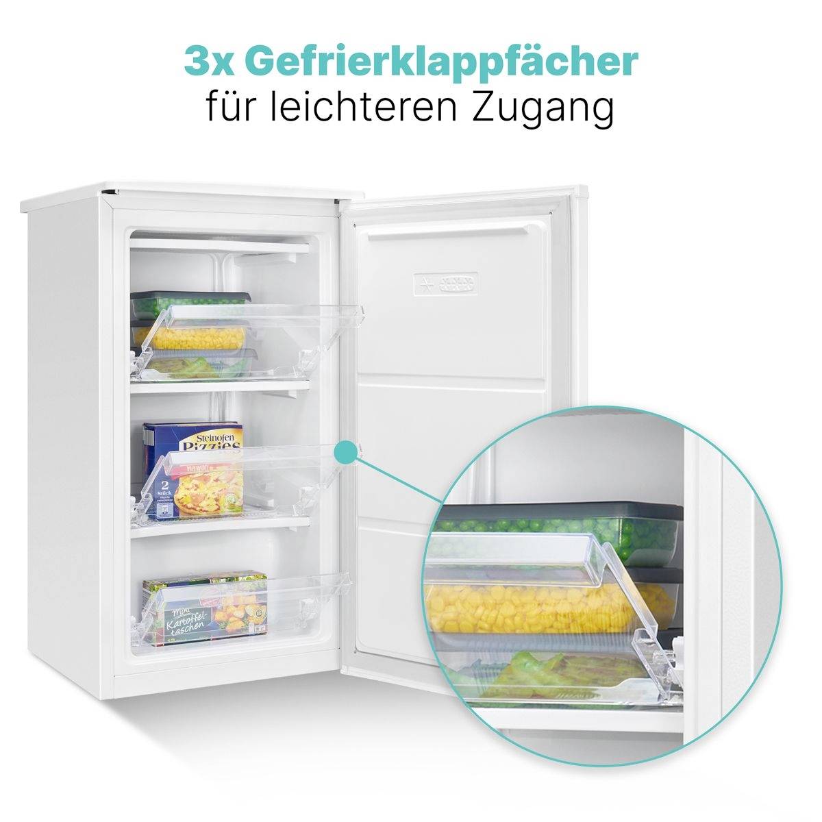 'A freezer with three compartments is shown open. One compartment contains a package of mixed vegetables and a pizza.'