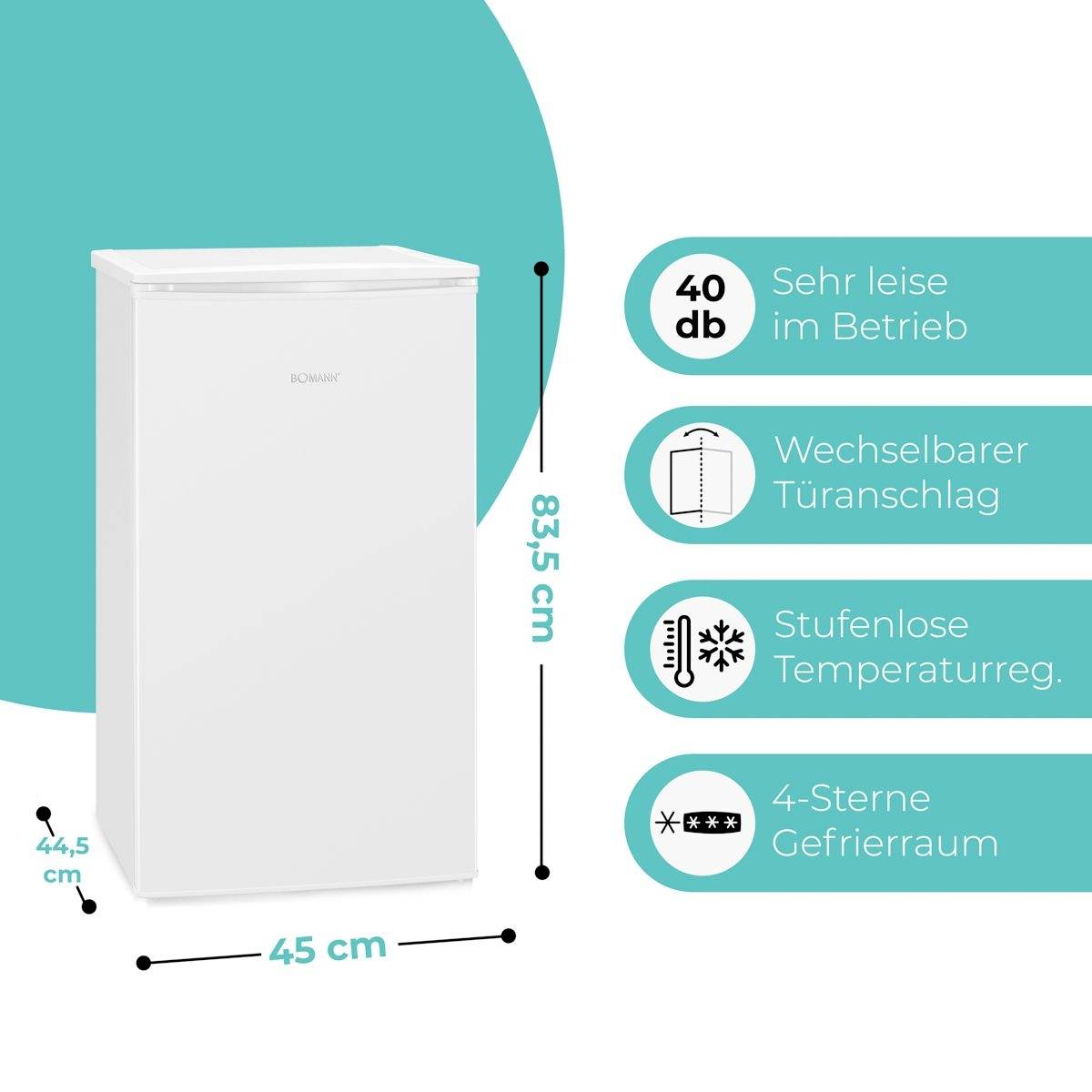 A white refrigerator with dimensions: height 83.5 cm, width 45 cm, and depth 44.5 cm. Features: 40 dB noise, reversible door, adjustable regulation, and 4-star freezer.