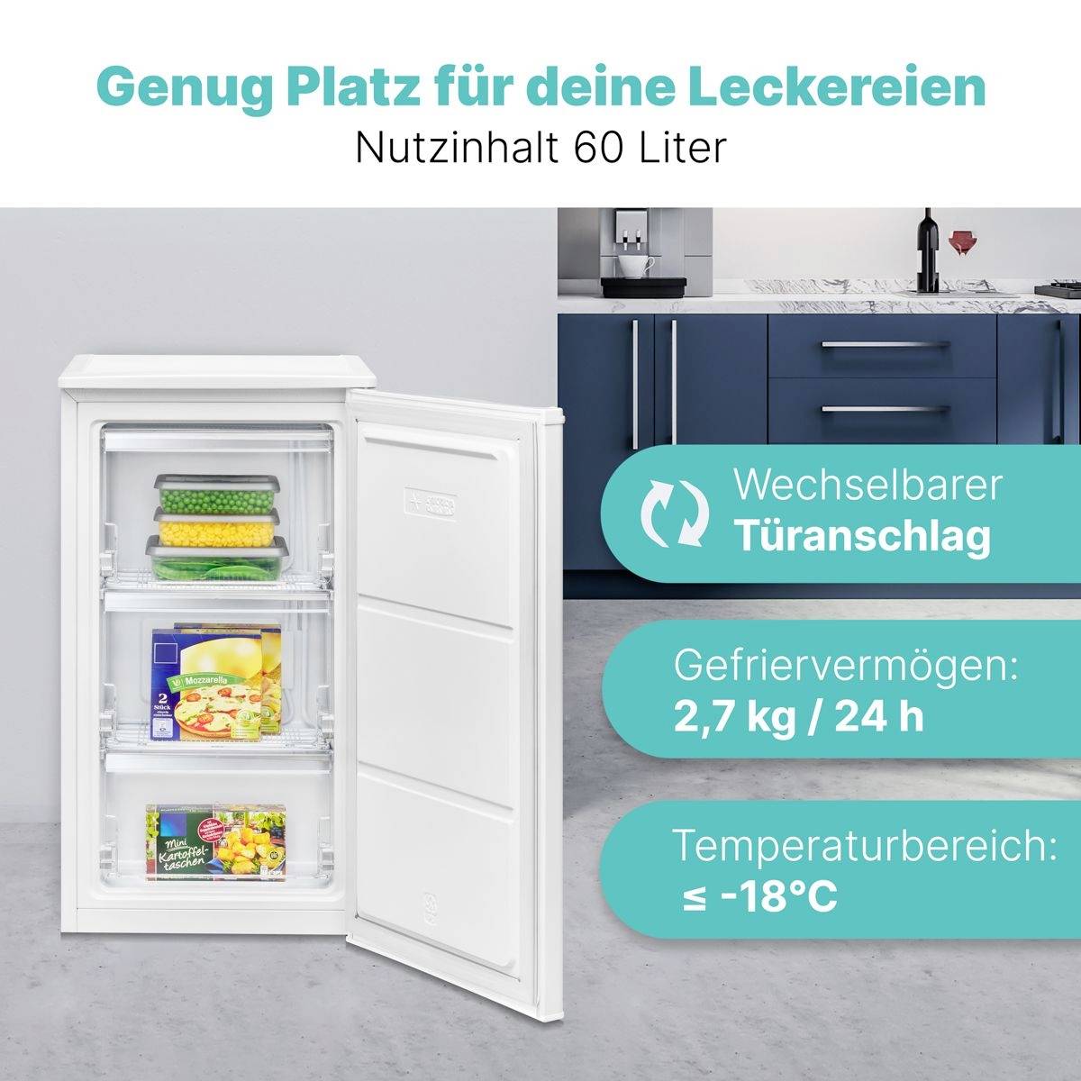 Open white mini-fridge containing food, text in German highlights features: 60-liter capacity, reversible door, 2.7 kg/24h freezing, -18°C temperature.