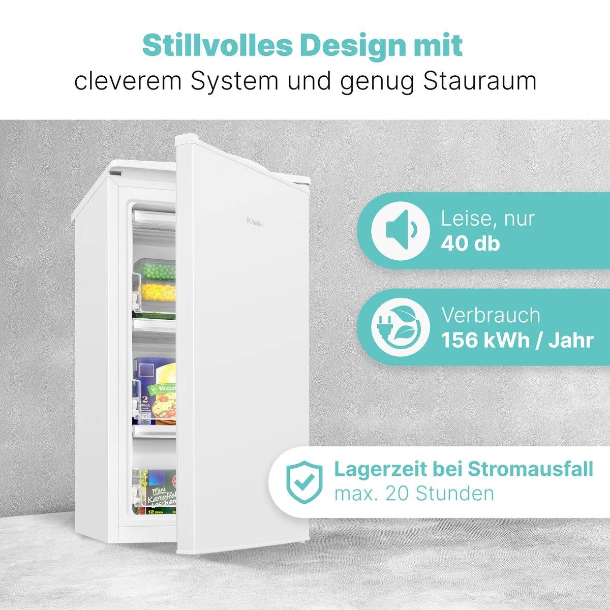 An open silver refrigerator displays items on shelves beside icons: 'Leise, nur 40 db', 'Verbrauch 156 kWh/Jahr', 'Lagerzeit bei Stromausfall'.