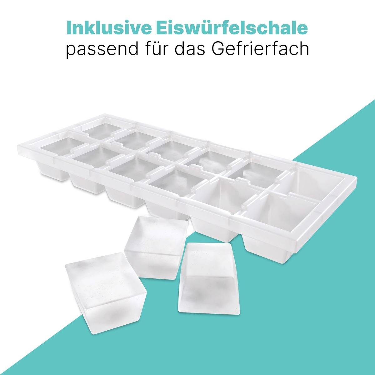 'Inklusive Eiswürfelschale passend für das Gefrierfach.' A white ice cube tray with several cubes is shown against a teal background.