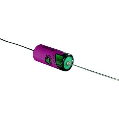 'A purple cylindrical battery with a green top and a wire attached, labeled "Size: AA+" and "3.6V"'
