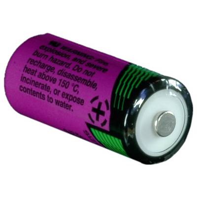 A purple cylindrical battery with a warning label stating: 'Do not recharge, disassemble, or expose to high temperatures or water.'