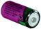 A purple cylindrical battery with a warning label stating: 'Do not recharge, disassemble, or expose to high temperatures or water.'