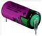 A pink and green cylindrical capacitor with metal leads, marked with a warning: 'Do not recharge, disassemble, heat above 100°C, incinerate or expose contents to water.'