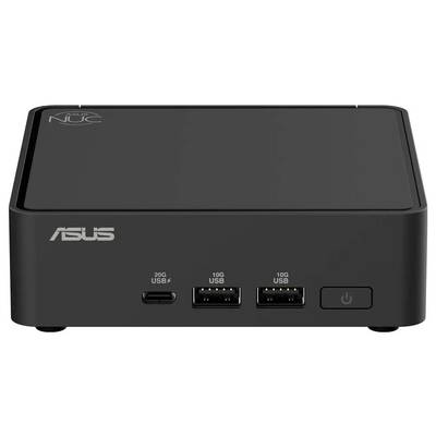 A compact black Asus NUC mini PC with ports on the front: 20G USB-C, two 10G USB-A, and a power button.