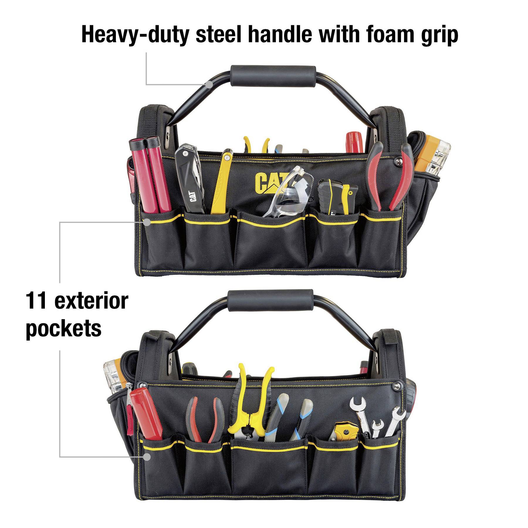 'Tool bag with heavy-duty steel handle and foam grip. Features 11 exterior pockets holding various tools like pliers, wrench, and screwdrivers.'