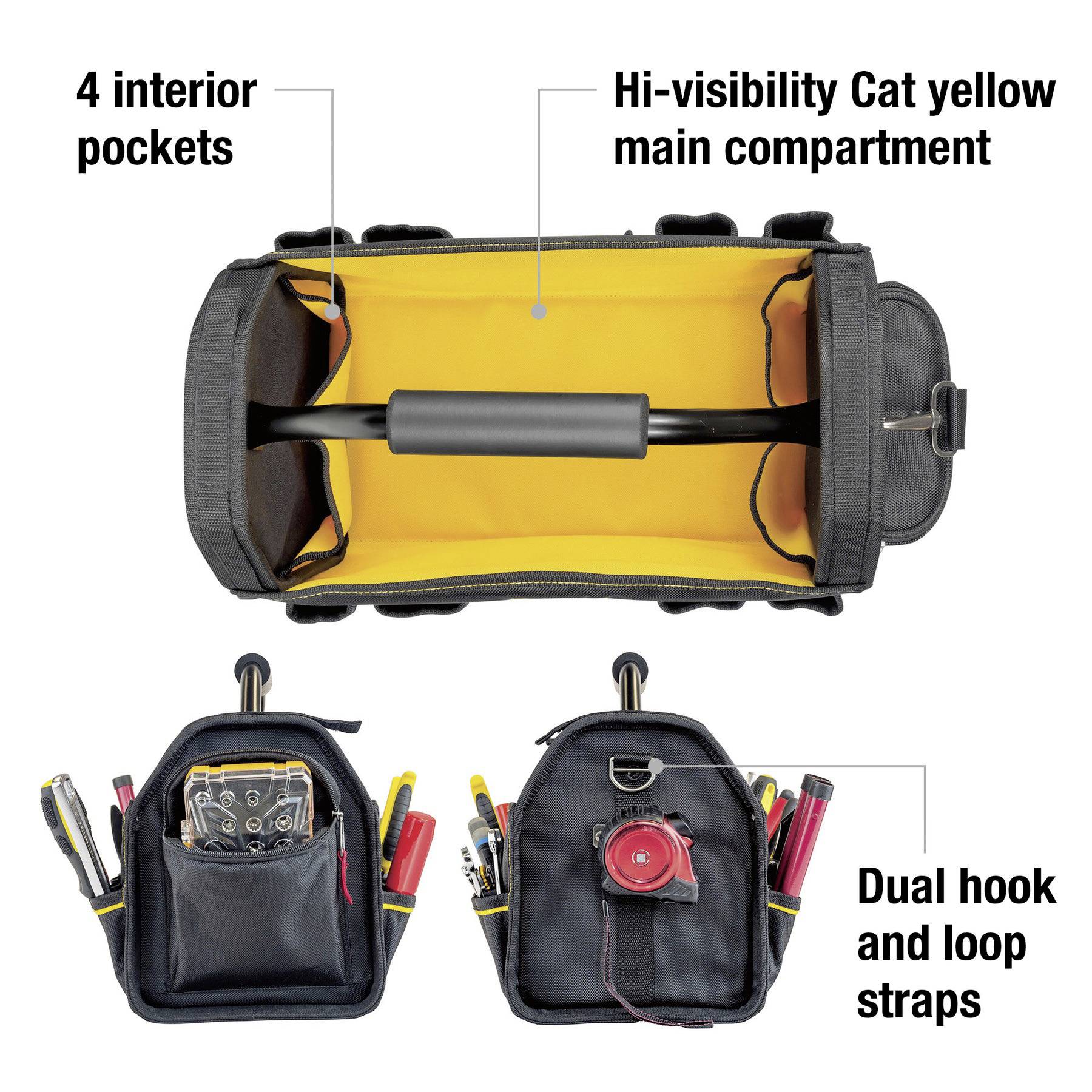 A round tool bag features a hi-visibility yellow main compartment and four interior pockets, with dual hook and loop straps for secure handling.