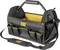Open black and yellow tool bag with handle, multiple external pockets, and an adjustable shoulder strap.