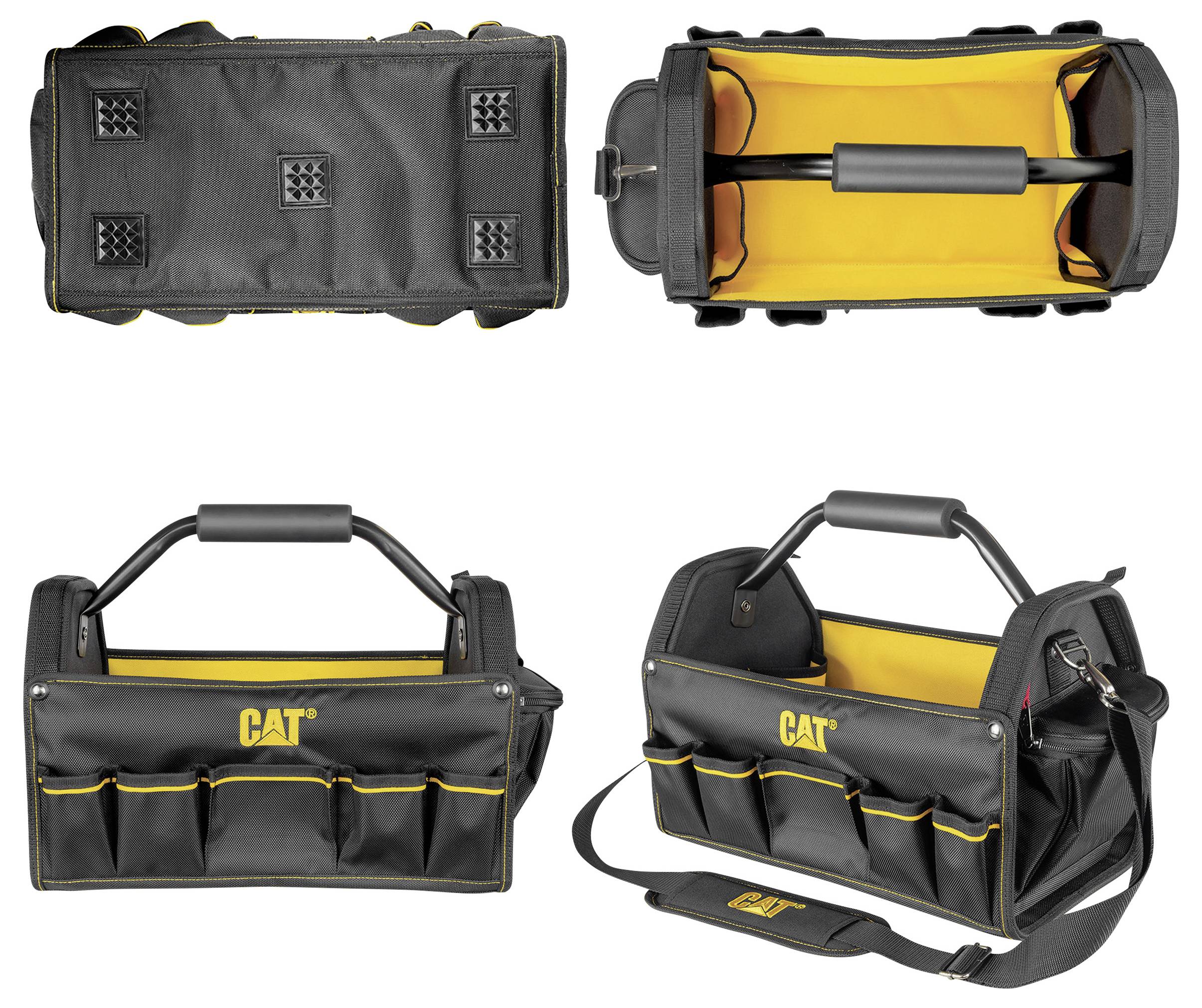 A durable black and yellow tool bag featuring multiple pockets, a shoulder strap, and handle. The brand 'CAT' is prominently displayed.