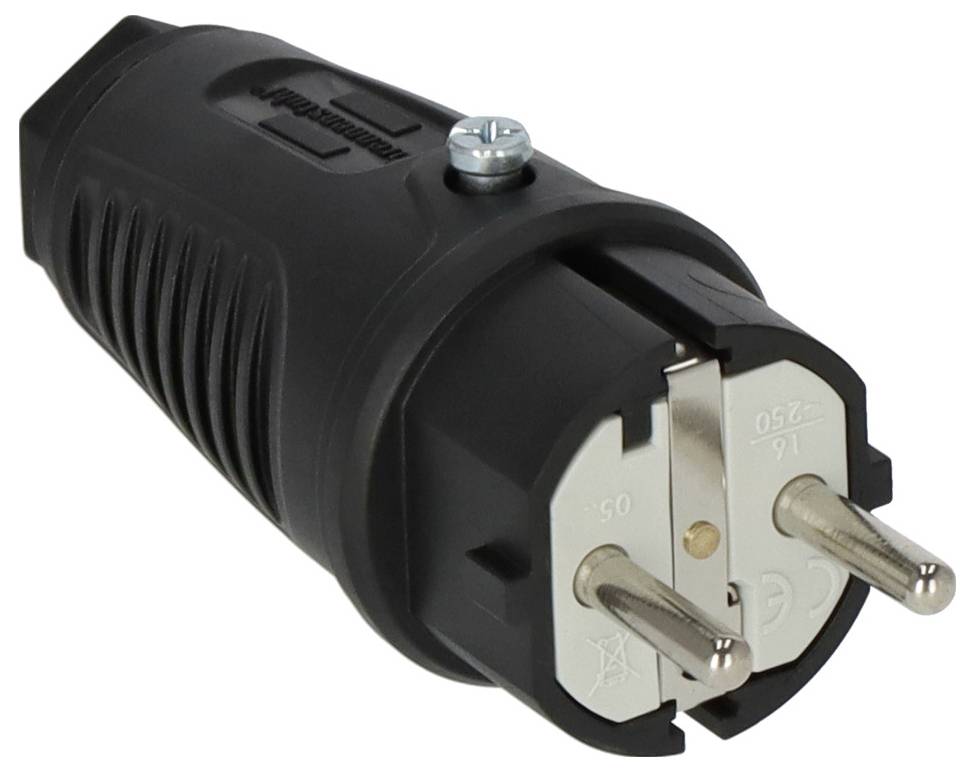 Black three-prong electrical plug adapter with two round metal prongs and a grounding screw, shown on a white background.