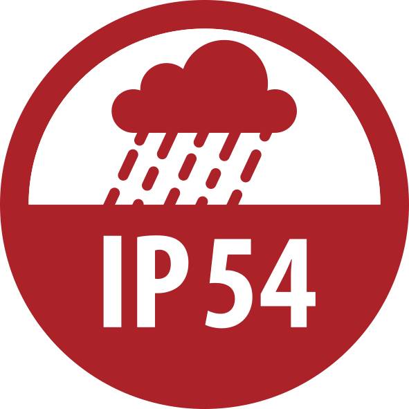 Red IP54 rating symbol with a cloud and rain, indicating protection against dust and water splashes.