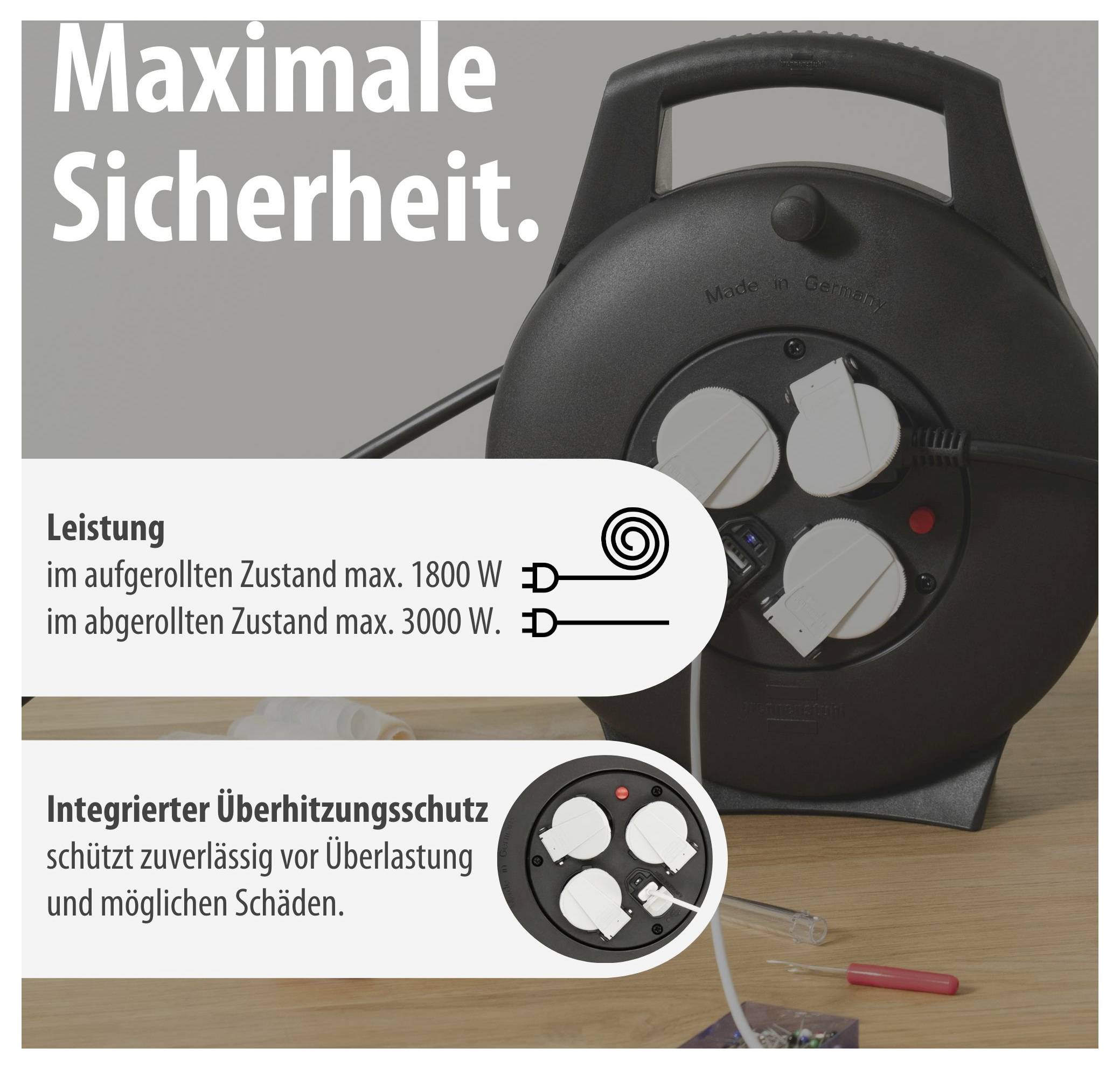 Advertising image of a cable reel with text regarding maximum safety, power output 1800/3000 W and integrated overheating protection.