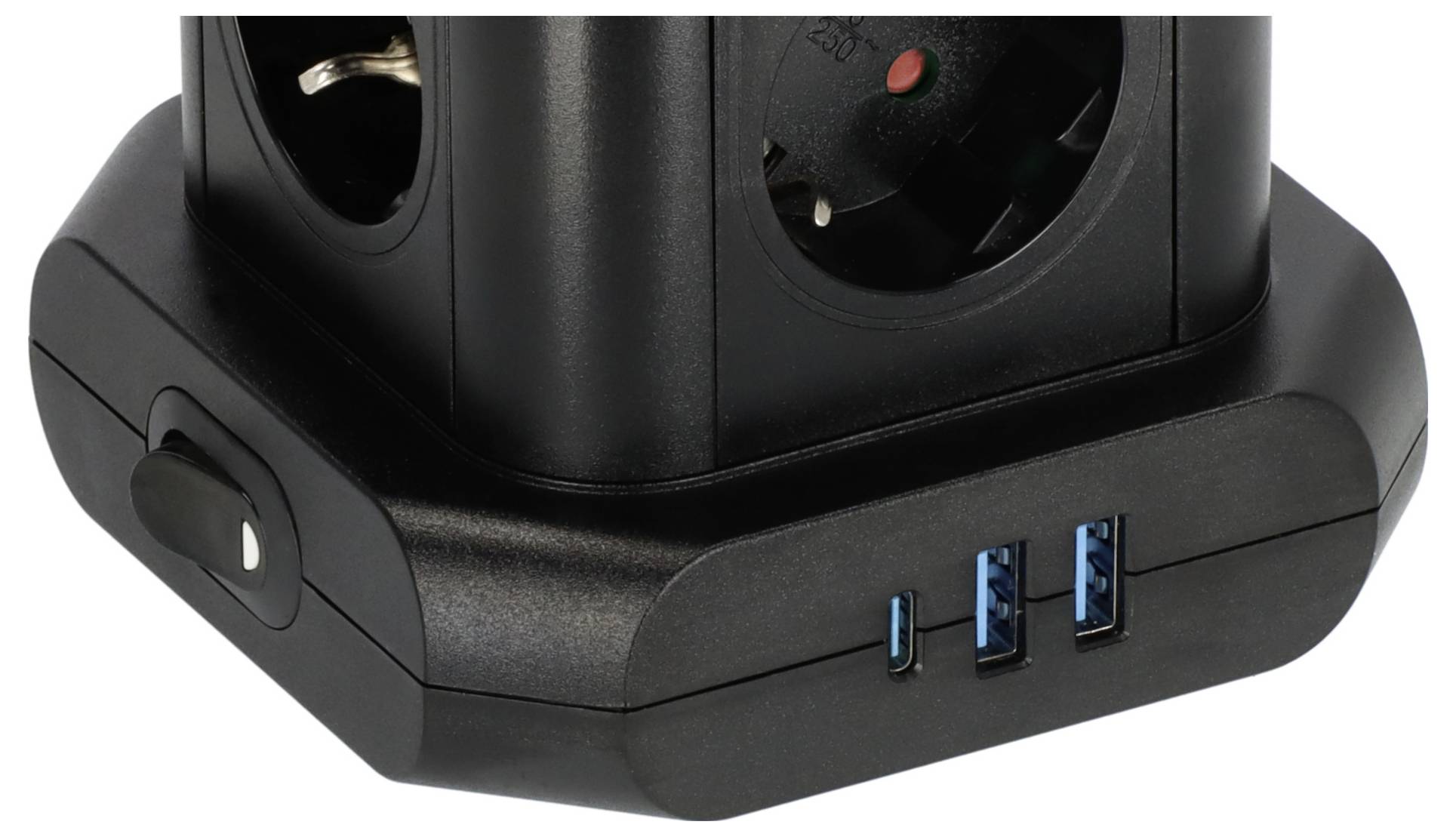 Black power tower with multiple AC outlets and three USB ports on the front<br>