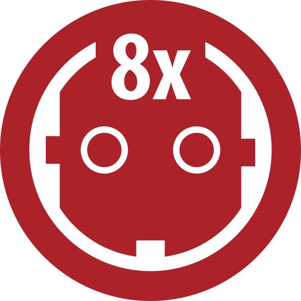Red circular icon with a white robot face and '8x' text, indicating eight times or multiplication by 8.