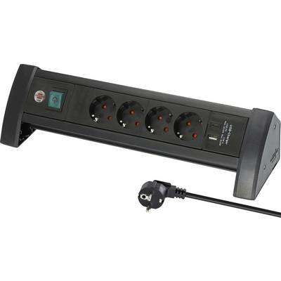 Black power strip with four European outlets, two on/off switches, and a plugged-in cord on a white background.